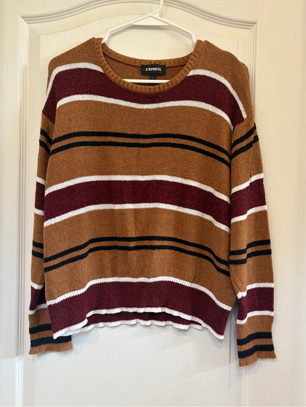 Express Striped Crewneck Sweater in Brown, Burgundy & White